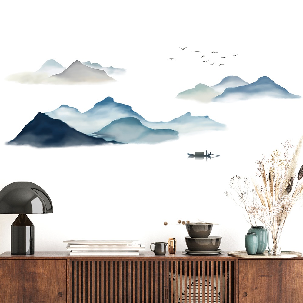 Decal Dán Tường Tranh Thủy Mặc Núi Non Có Keo Sẵn 162x60cm – Trang Trí Nhà Phong Cách Hiện Đại