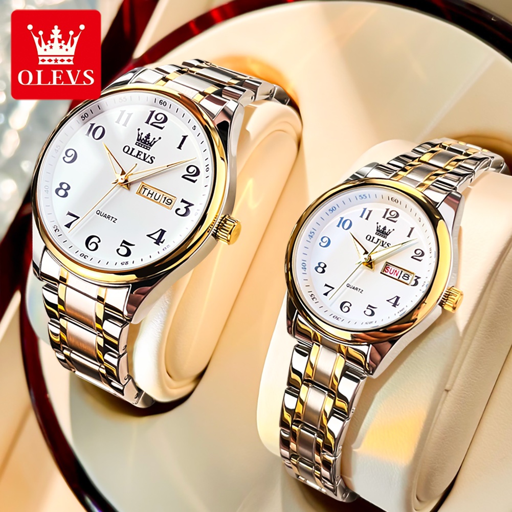 OLEVS Đồng hồ Cặp nước dây đeo bằng thép không gỉ có chức năng phát sáng chống thấm lịch 5567