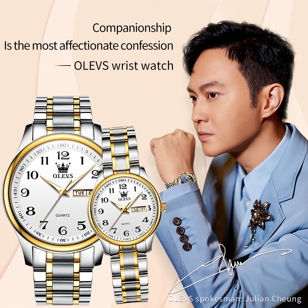 OLEVS Đồng hồ Cặp nước dây đeo bằng thép không gỉ có chức năng phát sáng chống thấm lịch 5567