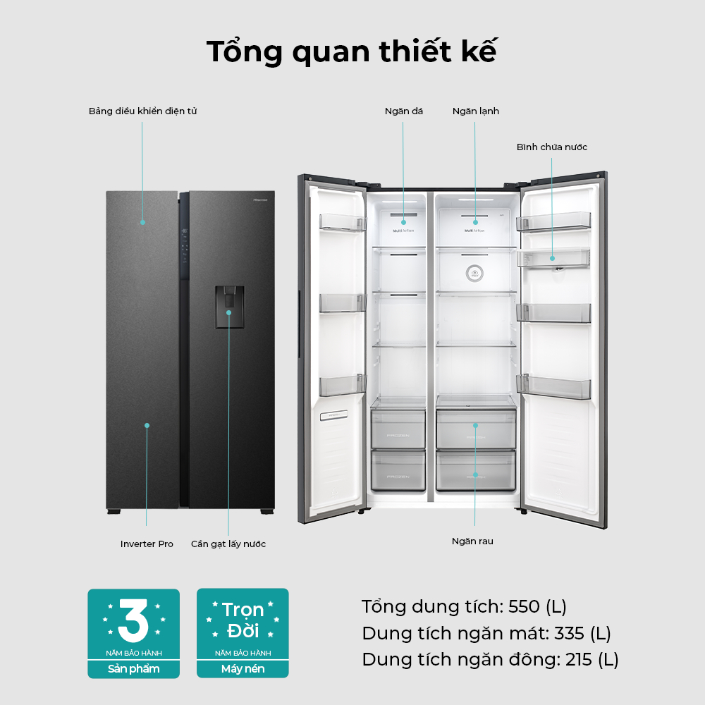 Tủ Lạnh Hisense Inverter 550L RS708N4EBND - Tiết kiệm | Lấy nước ngoai | Khử khuẩn  - BH 3 Năm - Miễn Phí Giao