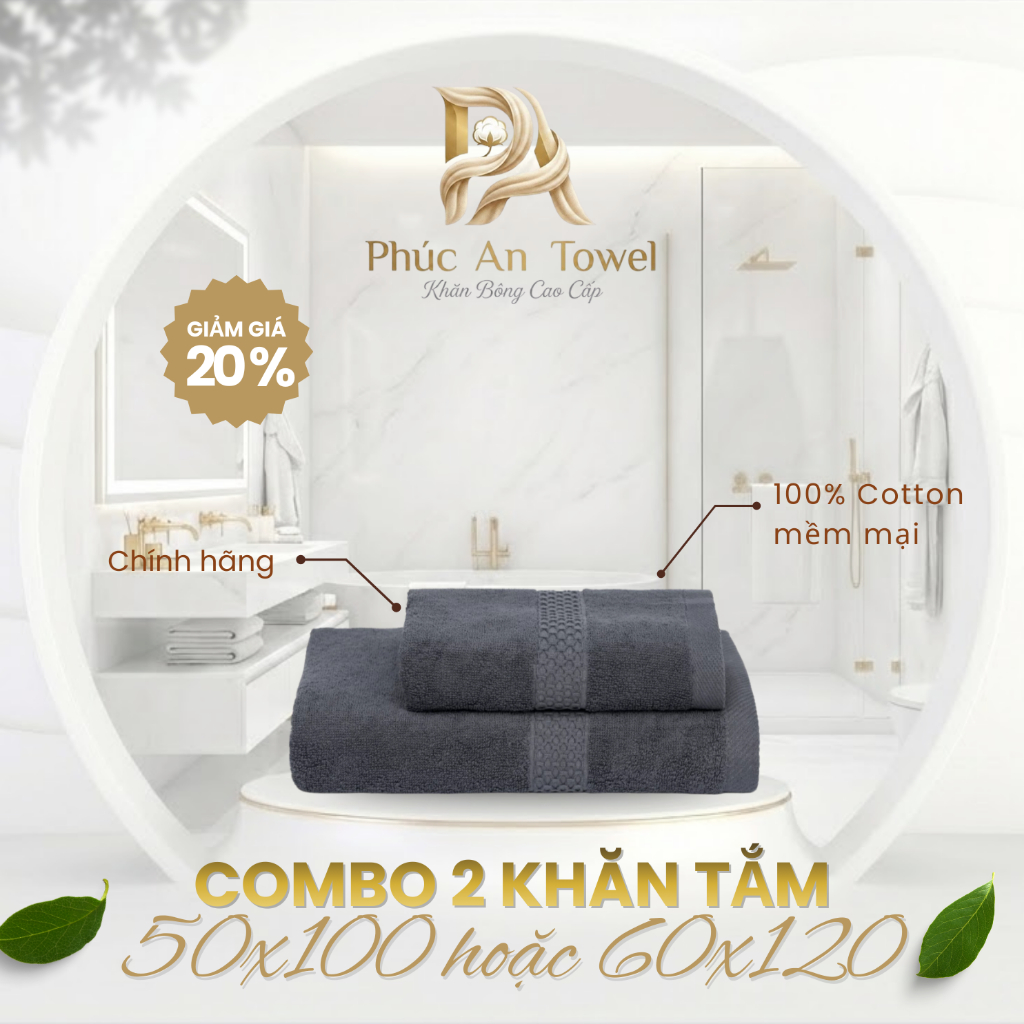 Combo 2 Khăn Tắm Cao Cấp, 50x100cm hoặc 60x120cm, Cotton 100%, Mềm Mại Thấm Hút, Khăn Tắm Toàn Thân