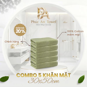 Combo 5 Khăn Mặt Phúc An Towel 30x50cm, Cotton 100%, Mềm Mại Siêu Thấm Hút, Không Xù Bông