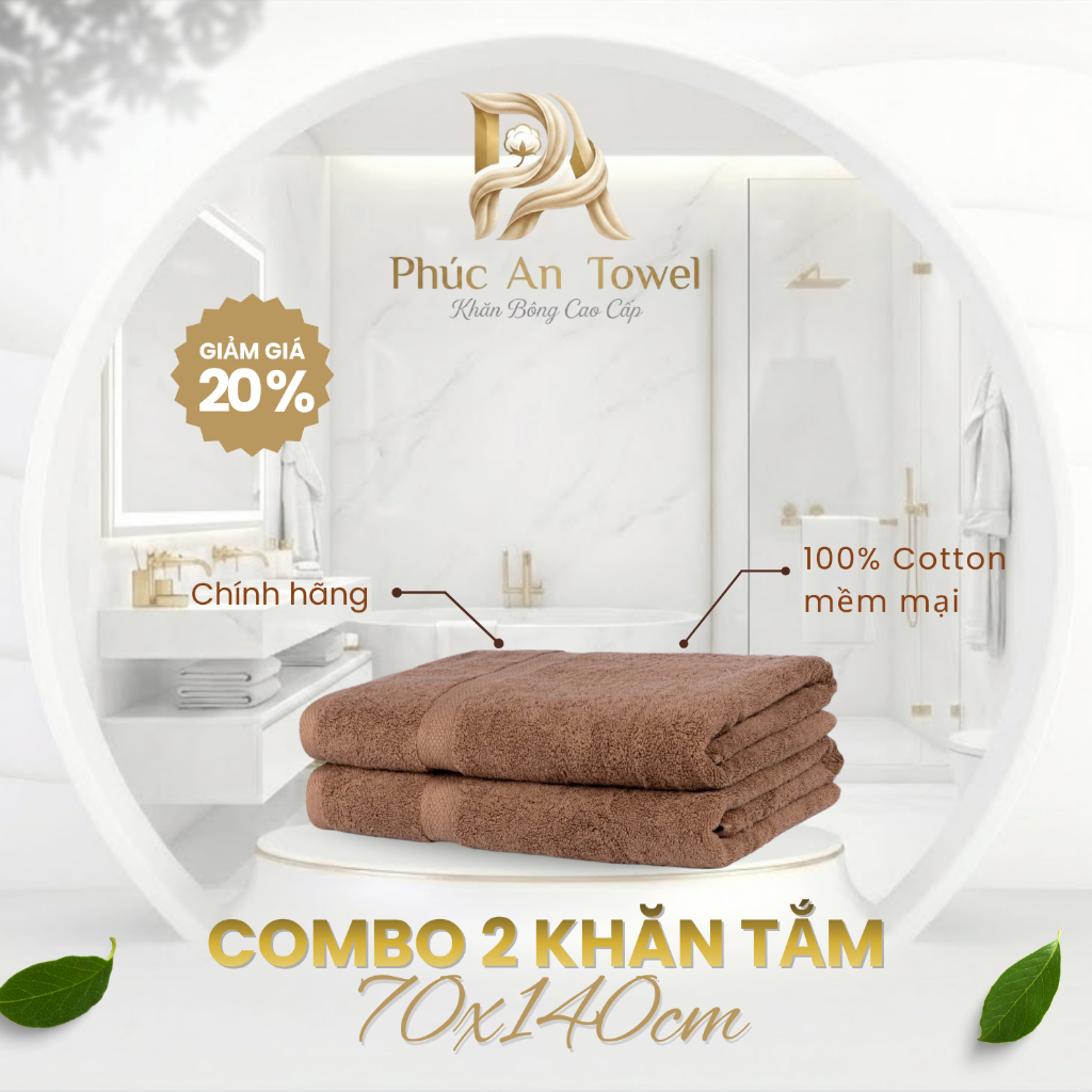 Bộ 2 Khăn Tắm 70x140cm Phúc An Towel 100% Cotton Cao Cấp, Mềm Mại, Thấm Hút Nhanh, Không Xù Lông