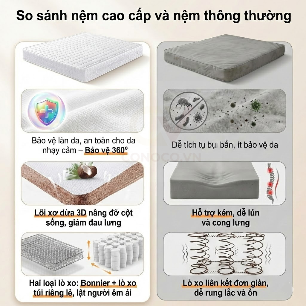 CONOCO Nệm Lò Xo Túi Hybrid  15cm - Đệm Cao Cấp Chuẩn Khách Sạn, Nâng Đỡ Tối Ưu, Không Rung Lắc