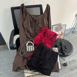 Đầm tiểu thư bigsize nữ thiết kế cổ nữ hoàng tay dài đắp vạt chéo nhún ôm body chất vải gân tăm co giãn thoải mái G214