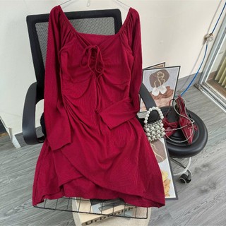 Đầm tiểu thư bigsize nữ thiết kế cổ nữ hoàng tay dài đắp vạt chéo nhún ôm body chất vải gân tăm co giãn thoải mái G214