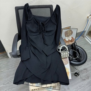 Đầm tiểu thư bigsize nữ thiết kế cổ nữ hoàng tay dài đắp vạt chéo nhún ôm body chất vải gân tăm co giãn thoải mái G214