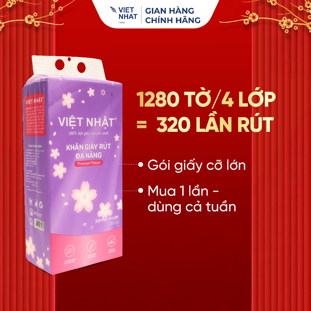 [DEAL MỞ BÁN] THÙNG 6 Bịch Giấy Rút Treo Tường Việt Nhật 1280 tờ An Toàn, Thấm Hút Tốt, Mềm Mại, Đạt Chuẩn Chất Lượng