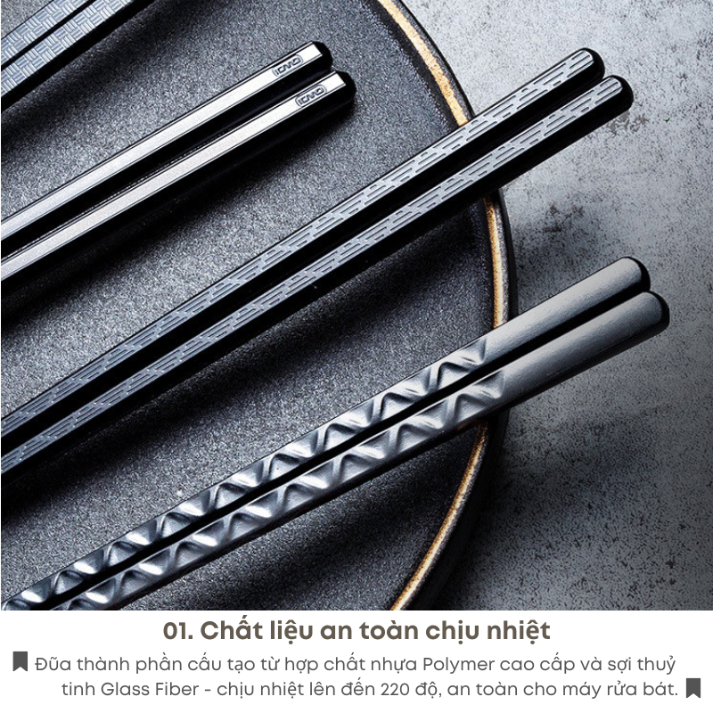Set 10 Đôi Đũa Sợi Thủy Tinh KOOBEE – Đũa Ăn Nhật Màu Đen, Kháng Khuẩn, Chống Nấm Mốc, Chống Trơn Trượt, Cao Cấp (BA05)