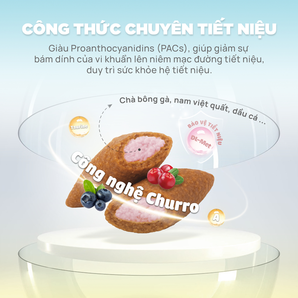 Hạt Cho Mèo PetQ Churro C90U, 90% Thịt Từ Động Vật,Bổ Sung DL-Met, Hỗ Trợ Sỏi Thận Tiết Niệu