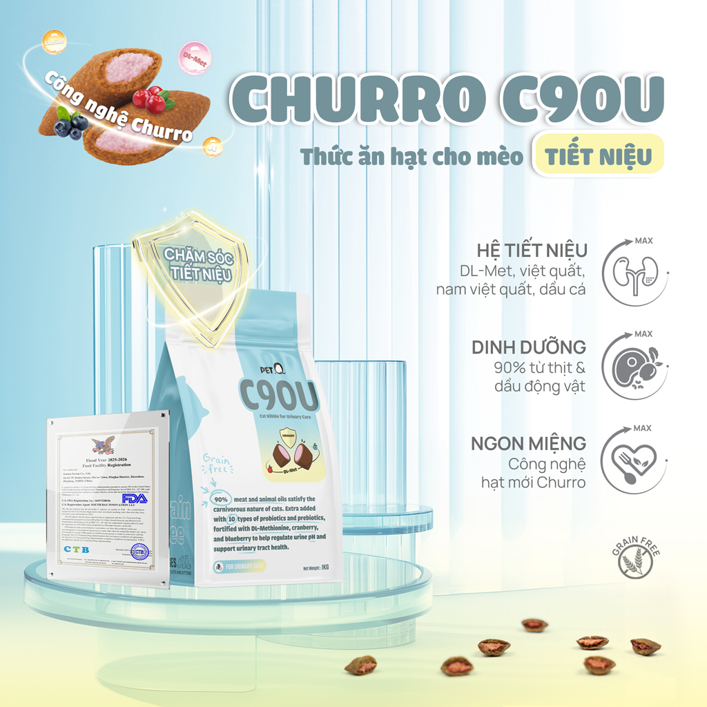 Hạt Cho Mèo PetQ Churro C90U, 90% Thịt Từ Động Vật,Bổ Sung DL-Met, Hỗ Trợ Sỏi Thận Tiết Niệu