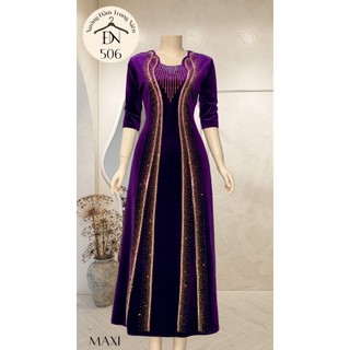 Đầm maxi trung niên dự tiệc sang trọng vải nhung cao cấp đính đá, tặng mẹ co giãn tốt bigsize 75kg M506