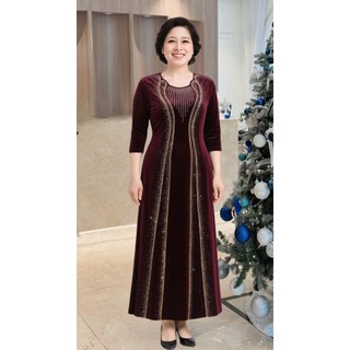 Đầm maxi trung niên dự tiệc sang trọng vải nhung cao cấp đính đá, tặng mẹ co giãn tốt bigsize 75kg M506