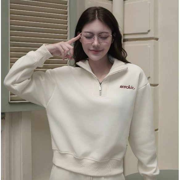 Set Bộ ECOCHIC Nỉ Lông Nhung Cổ Khoá Halfzip Quần Ống Suông Dài Basic Cao Cấp Mềm Mịn Chính Hãng HNH B200