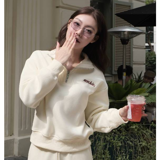 Set Bộ ECOCHIC Nỉ Lông Nhung Cổ Khoá Halfzip Quần Ống Suông Dài Basic Cao Cấp Mềm Mịn Chính Hãng HNH B200