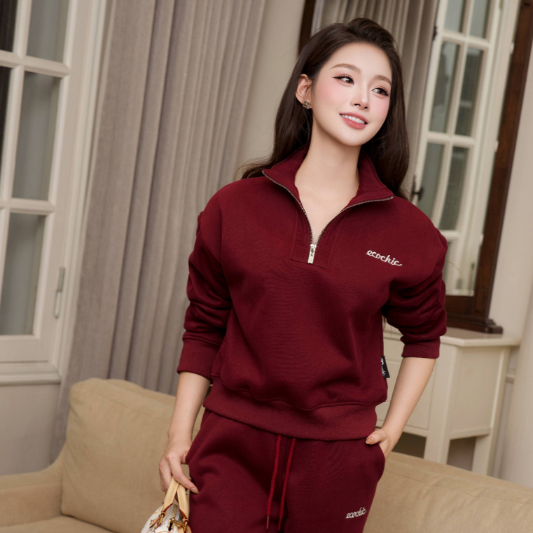 Set Bộ ECOCHIC Nỉ Lông Nhung Cổ Khoá Halfzip Quần Ống Suông Dài Basic Cao Cấp Mềm Mịn Chính Hãng HNH B200