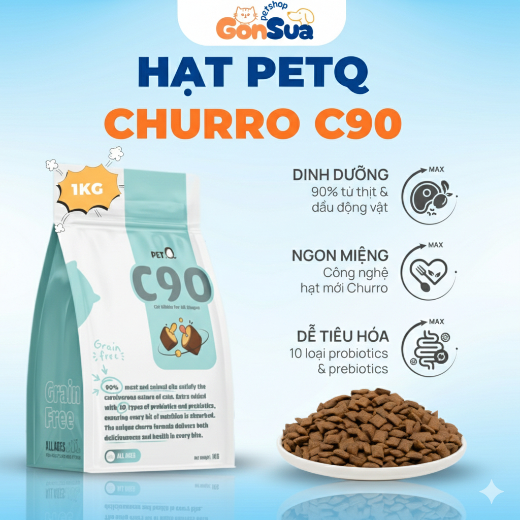 Hạt Cho Mèo PetQ Churro C90, 90% Thịt & Dầu Động Vật 40% Protein, Ngon Miệng, Dễ Tiêu Hóa