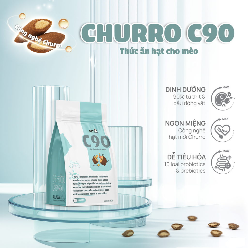 Hạt Cho Mèo PetQ Churro C90, 90% Thịt & Dầu Động Vật 40% Protein, Ngon Miệng, Dễ Tiêu Hóa