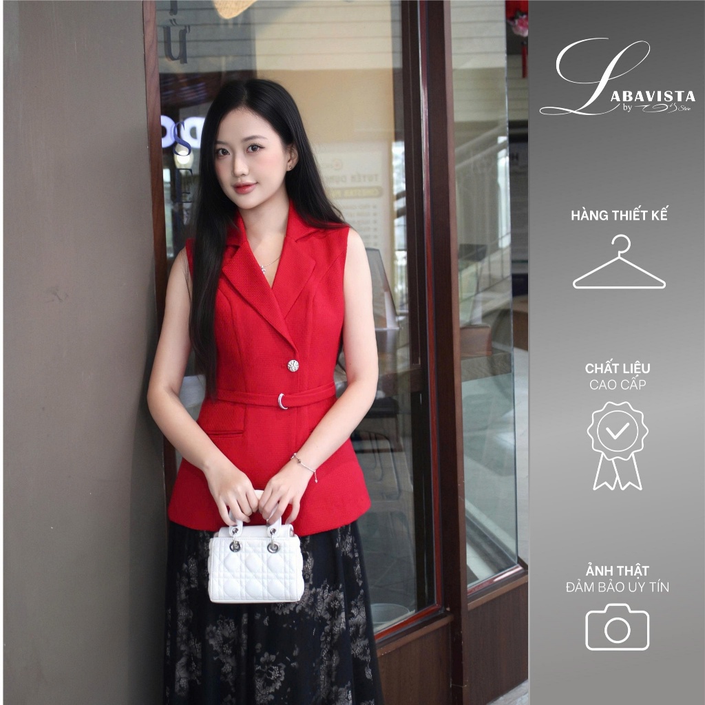 LABAVISTA Áo gile cổ vest vải tweed kèm belt sang trọng phong cách hiện đại thiết kế cao cấp