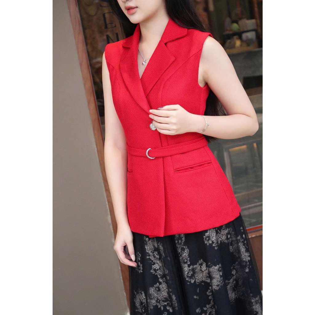 LABAVISTA Áo gile cổ vest vải tweed kèm belt sang trọng phong cách hiện đại thiết kế cao cấp