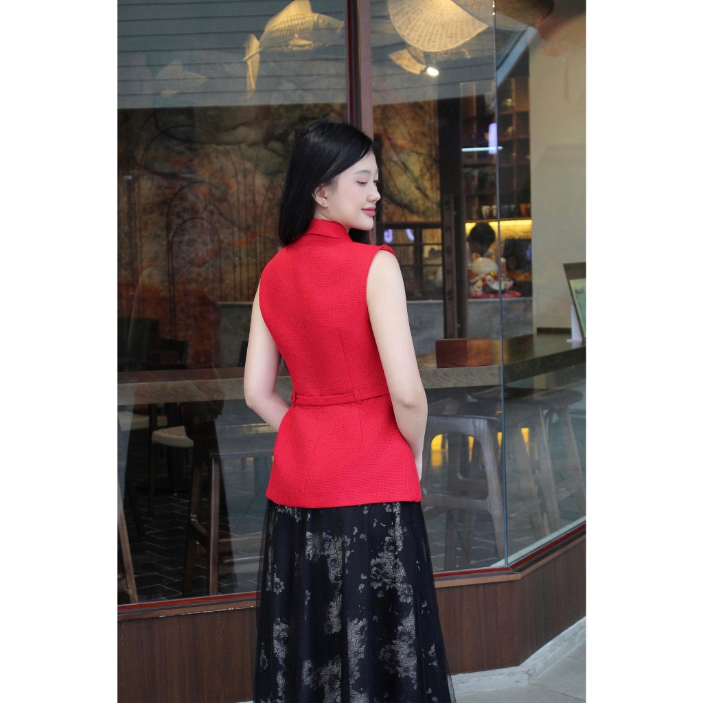 LABAVISTA Áo gile cổ vest vải tweed kèm belt sang trọng phong cách hiện đại thiết kế cao cấp