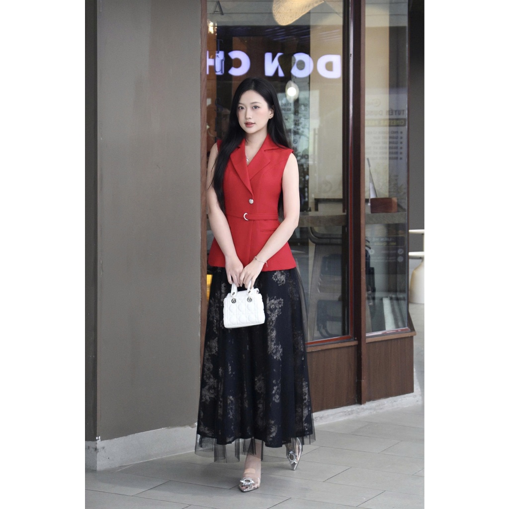 LABAVISTA Áo gile cổ vest vải tweed kèm belt sang trọng phong cách hiện đại thiết kế cao cấp