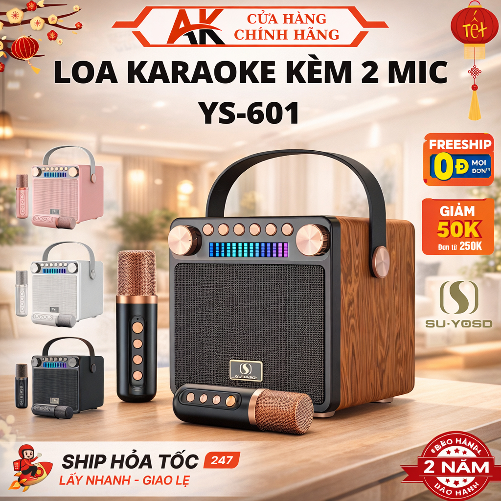 Loa Karaoke Kèm 2 Mic SU-YOSD YS-601 Bass Mạnh, Âm Thanh Siêu Hay, Thiết Kế Đẹp, Bảo Hành 2 Năm