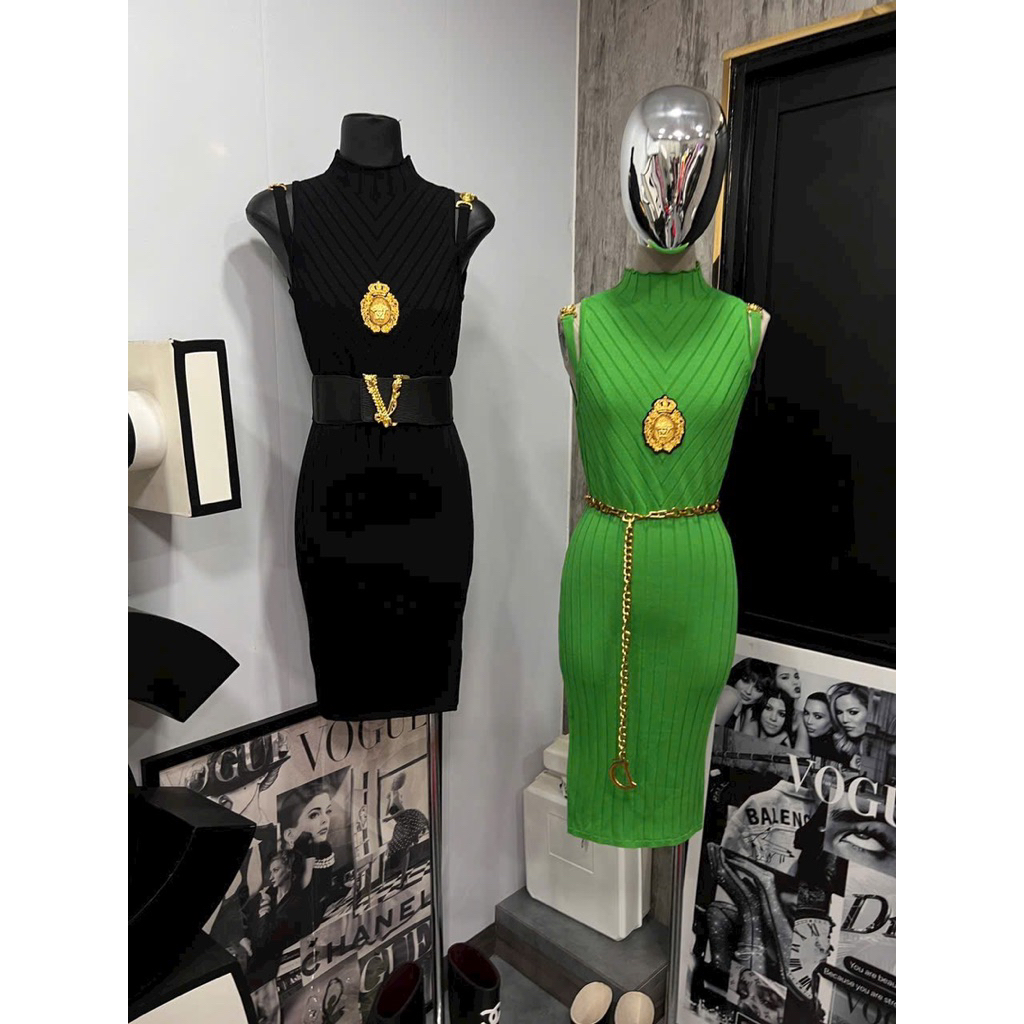 Đầm body len tag Versace đen xanh lá