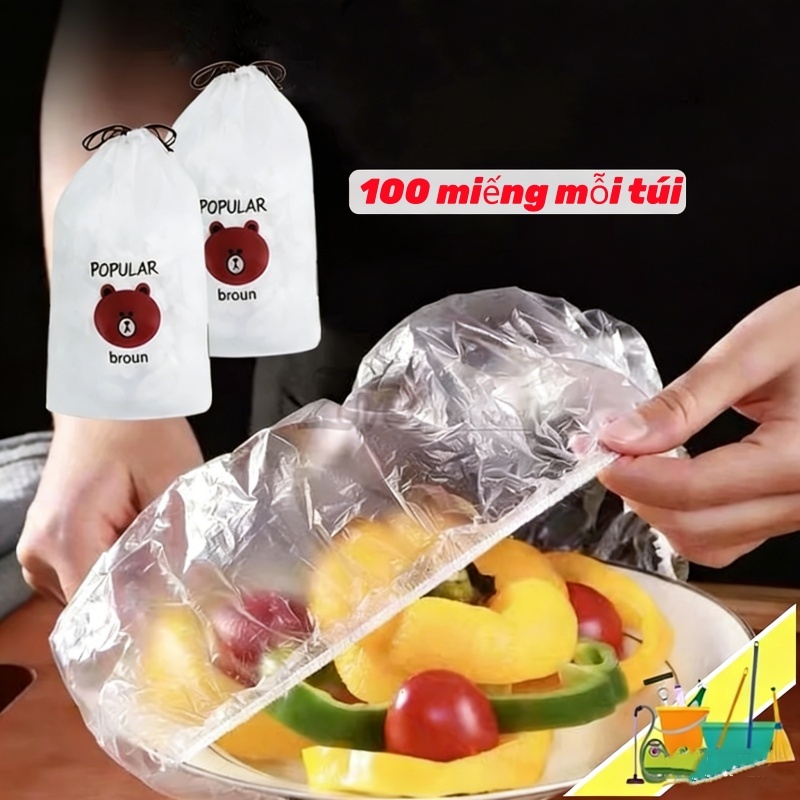 Túi Màng bọc thực phẩm set 100 chiếc Chất liệu PE có chun, Túi gấu bọc đồ ăn thực phẩm có thể tái sử đụng