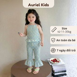 Đồ Bộ Bé Gái, Set Bộ Yếm Kẻ Caro Thắt Nơ Phối Quần Ống Loe Cho Bé Chất Liệu Cotton