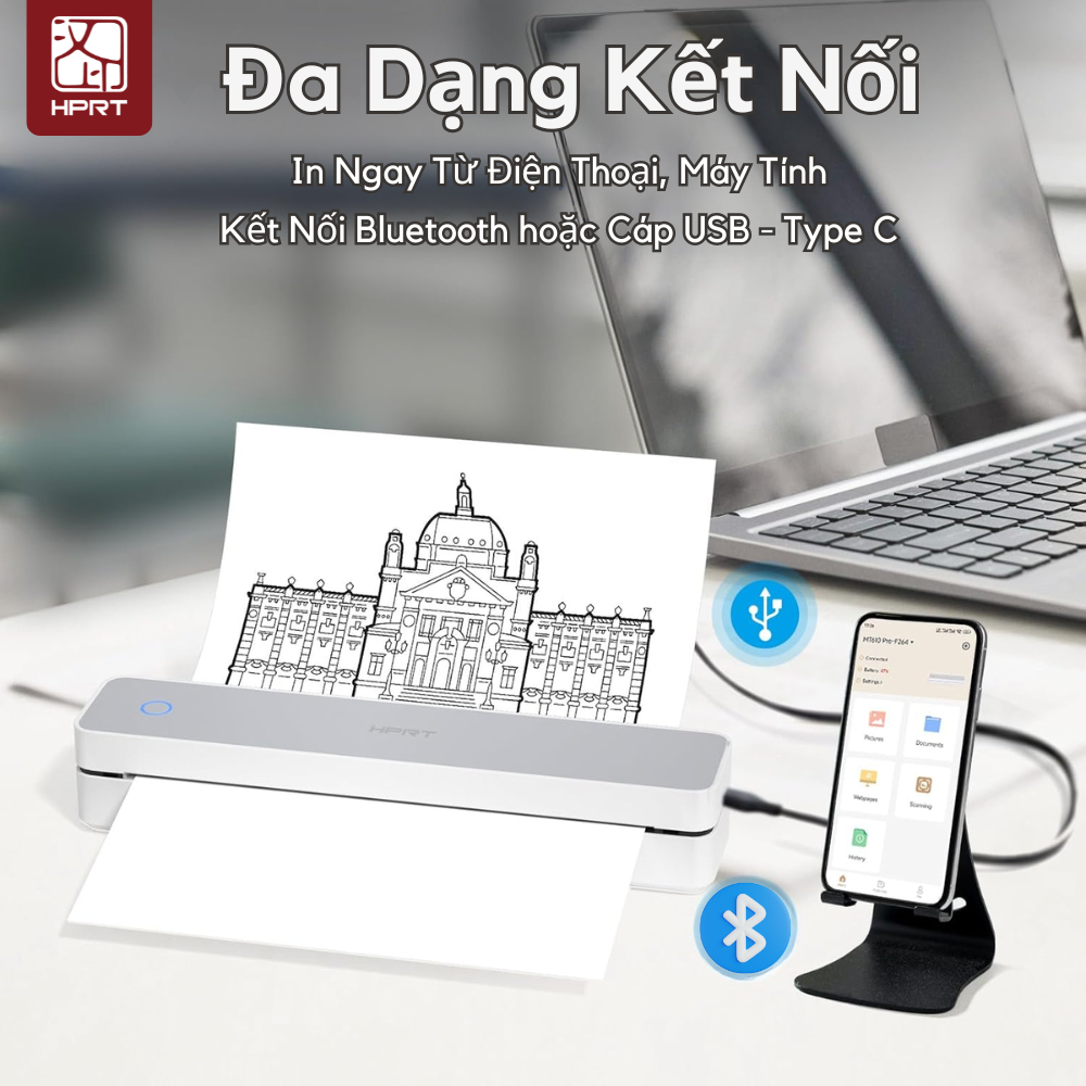Máy In Nhiệt Di Động HPRT MT610 Pro Khổ A4 Bluetooth 5.0 300 DPI Lưu bản in 3 năm Khổ in đa dạng