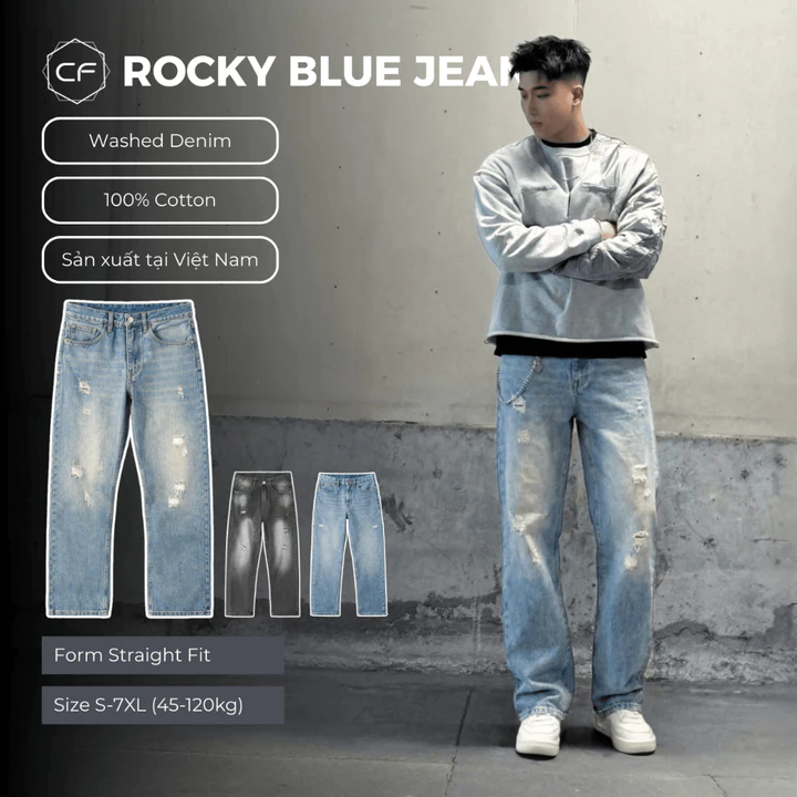 [CLEAN FIT] QUẦN JEAN NAM ỐNG ĐỨNG ROCKY BLUE FORM REGULAR, JEAN RÁCH GỐI, GẤU, QUẦN BÒ NAM, NỮ UNISEX, BIGSIZE