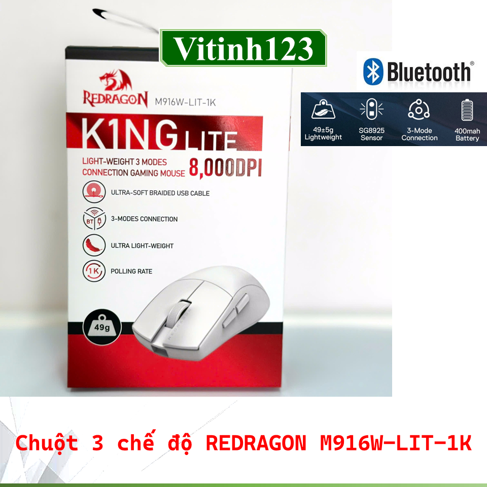 Chuột 3 chế độ Bluetooth không dây Redragon M916-PRO-1K, Redragon M916W-LIT-1K