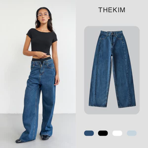 THEKIM Quần Jean ống suông đứng cạp cao phối line , quần jeans ống suông rộng classic J348