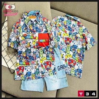 Sét đồ bộ bé trai quần đùi áo sơ mi chất thun lạnh quần in 3D họa tiết độc đáo