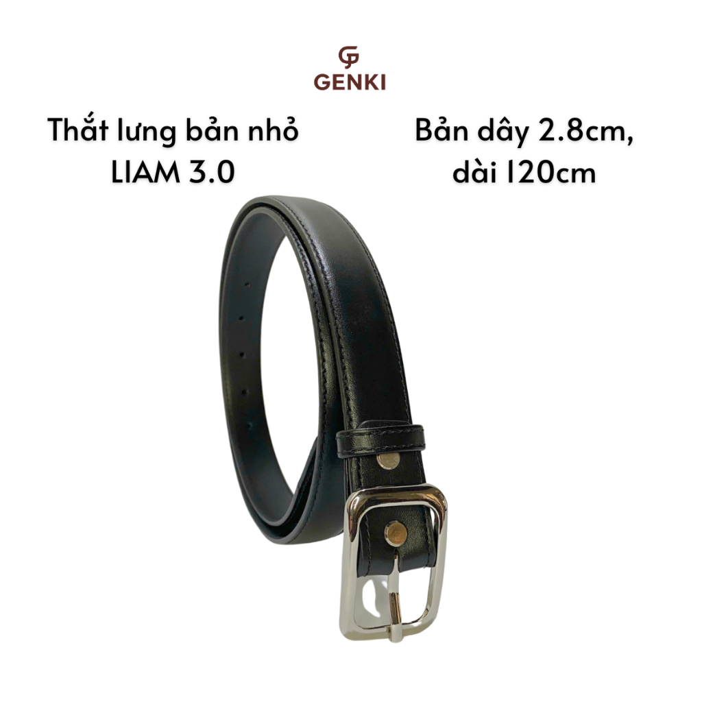 Thắt lưng bản nhỏ LIAM 3.0, dây nịt nam da bò cap cấp nhập khẩu, bản dây 2.8cm - Màu đen Unisex