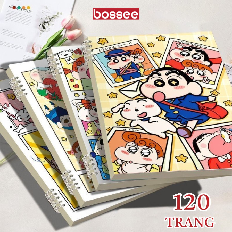 Sổ còng thay được giấy Shin-chan A5/B5 120 trang, sổ còng bìa trong suốt nhựa dẻo, giấy kẻ ngang/kẻ caro _ Bossee