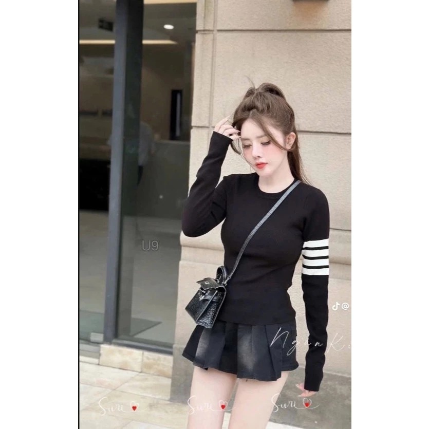 Áo Thun Dài Tay Thêu Nổi 4 Vạch Chất Thun Lạnh Co Dãn Nhẹ Siêu Ôm Eo Tôn Dáng Cho Nữ