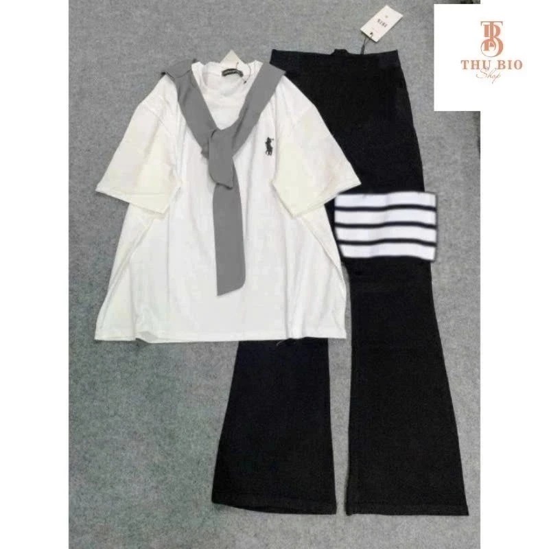 Sét Áo Babytee < Ko Có Khăn > In Logo Ngựa Giả Thêu Phối Quần Dài Ống Loe 4 Vạch Cá Tính Mặc Đi Chơi Sang Chảnh