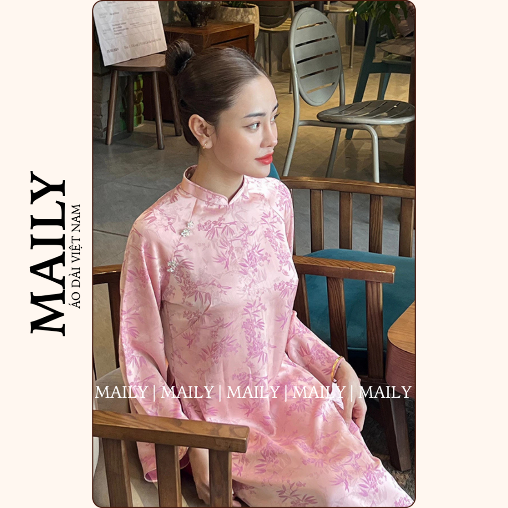 Áo Dài Giai Ý Dáng Cách Tân Hiện Đại, Chất Gấm Sang Trọng Cổ Cao Tay Dài Loe Có Bigsize - ÁO DÀI MAILY