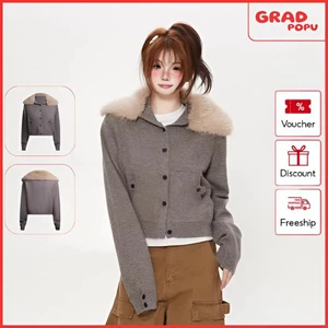 Áo khoác GRADPOPU kiểu dáng ngắn cổ lông lớn tạo vẻ ngoài thoải mái và phóng khoáng tôn dáng AK608