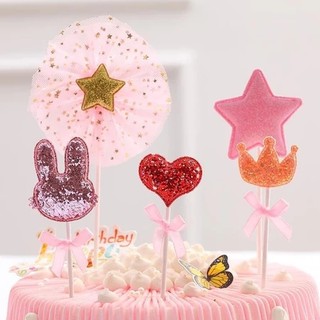 Combo 10 set Bộ 5 món tai thỏ vương miện tim sao trang trí bánh sinh nhật, topper cake