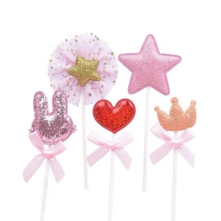 Combo 10 set Bộ 5 món tai thỏ vương miện tim sao trang trí bánh sinh nhật, topper cake