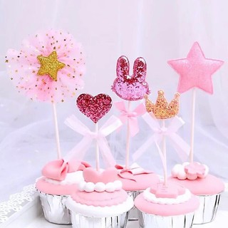 Combo 10 set Bộ 5 món tai thỏ vương miện tim sao trang trí bánh sinh nhật, topper cake