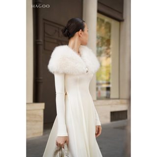 Áo dài HAGOO nữ phối lông tag kim loại cao cấp chất thun co giãn sang trọng tôn dáng [S9057]