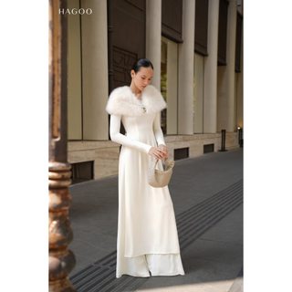 Áo dài HAGOO nữ phối lông tag kim loại cao cấp chất thun co giãn sang trọng tôn dáng [S9057]