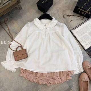 Áo sơ mi thô hoạ tiết hoa cổ sen dáng babydoll