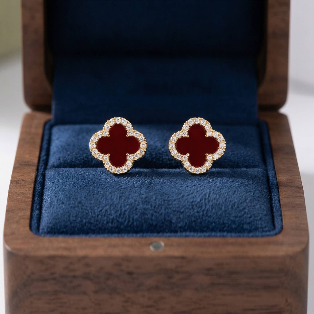 Bông tai nữ bạc cỏ bốn lá đính đá sang trọng đen trắng đỏ Hoa tai ChicEar Jewelry đính pha lê Zirconia cao cấp