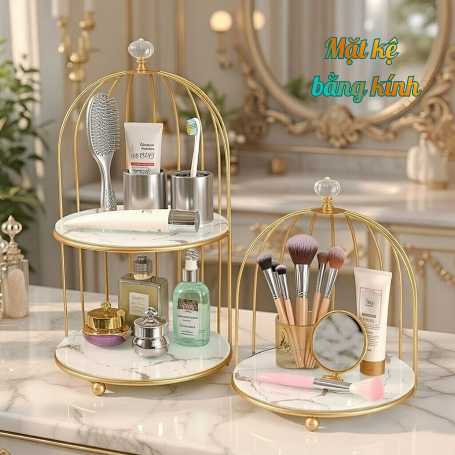 Kệ Mỹ Phẩm Lồng Chim 2 Tầng Sang Trọng – Kệ Đựng Skincare, Nước Hoa, Trang Điểm Decor