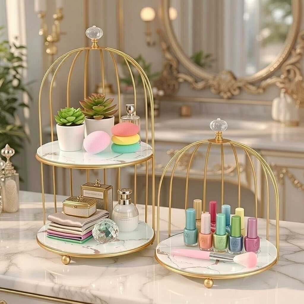 Kệ Mỹ Phẩm Lồng Chim 2 Tầng Sang Trọng – Kệ Đựng Skincare, Nước Hoa, Trang Điểm Decor